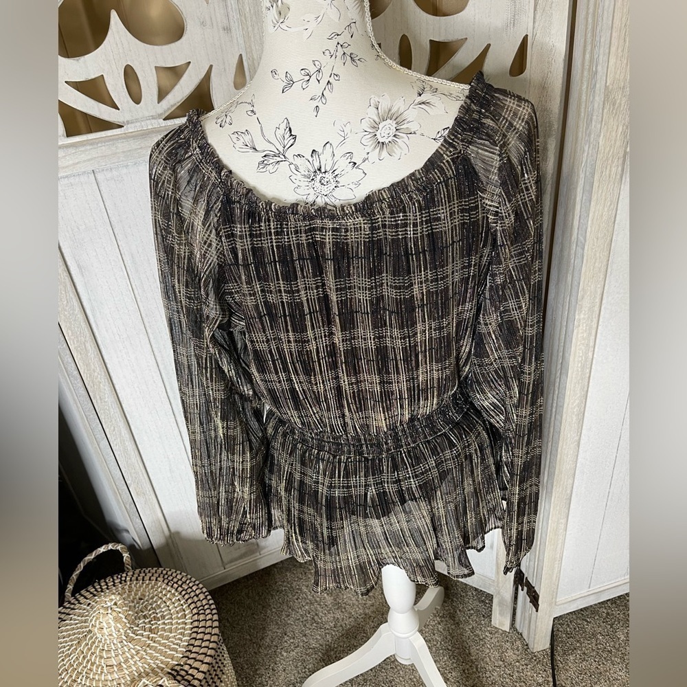 Knox Rose Top Womens Medium Striped Metallic Weave Peplum Balloon Sleeve Boho